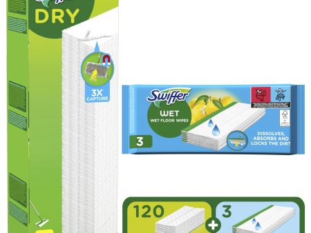 Swiffer Paños Secos y Húmedos para Mopa - 120 Recambios Secos y 3 Húmedos, Atrapa y Retiene 3 Veces Más Polvo y Suciedad Embalaje Deteriorado on Sale