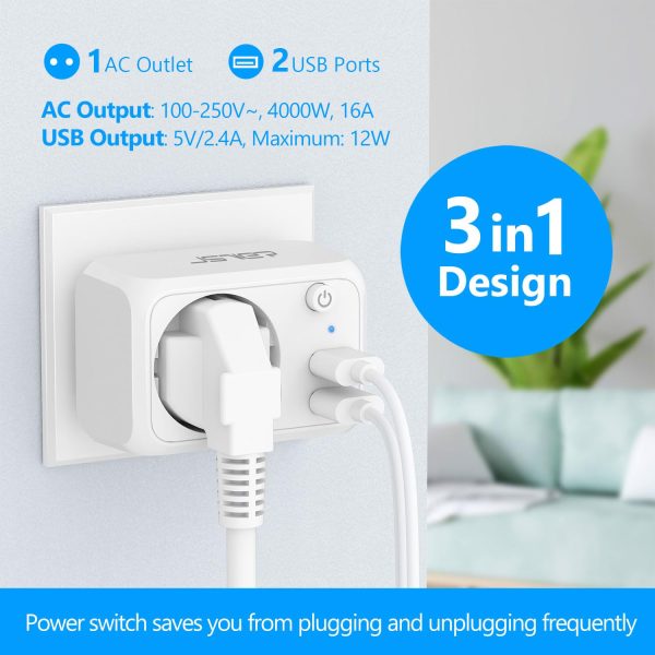 Ladrón de Enchufe USB 4000W, JSVER Cargador USB de 2 Puertos con 1 Toma de CA, Enchufe Múltiple de Pared con Interruptor para Móvil, Tableta, Ideal para Hogar, Cocina y Oficina - Blanco Embalaje Deteriorado Fashion